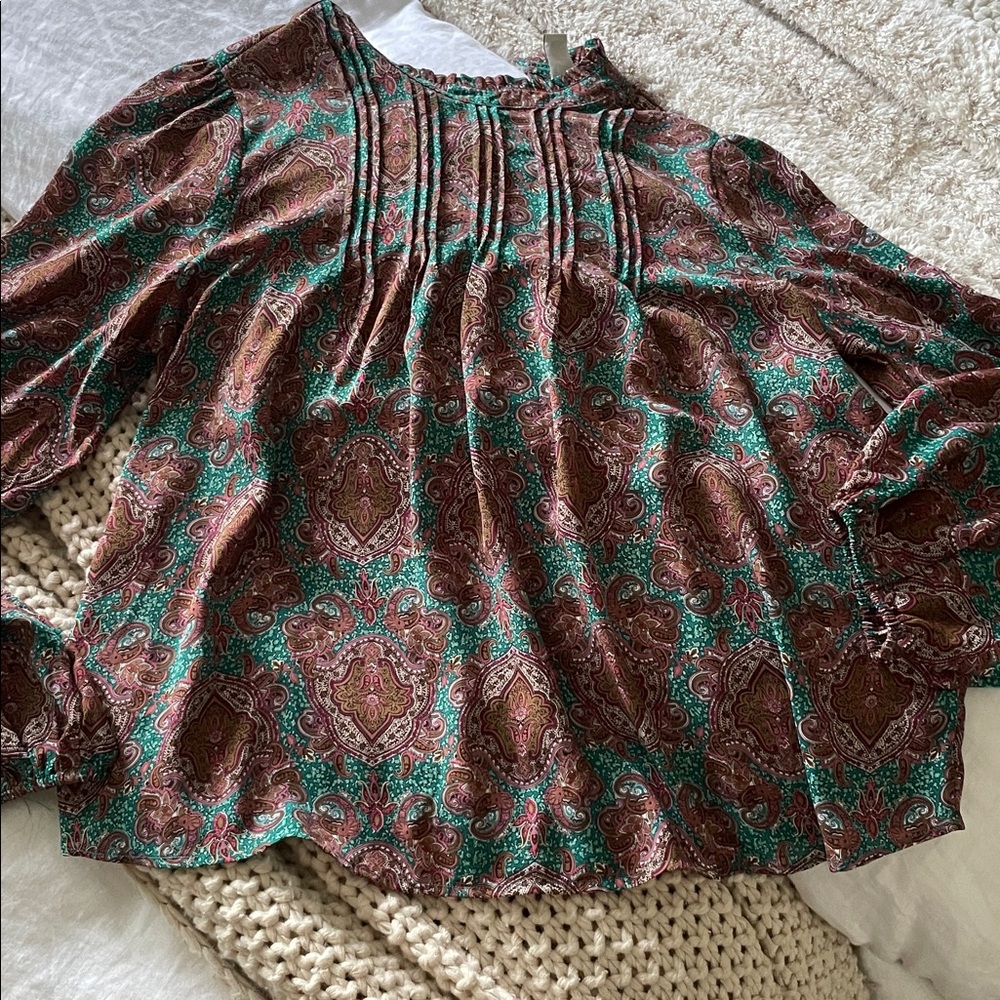 Joie Multicolor Brown and Turquoise Paisley Print Blouse Long Sleeve Size L
